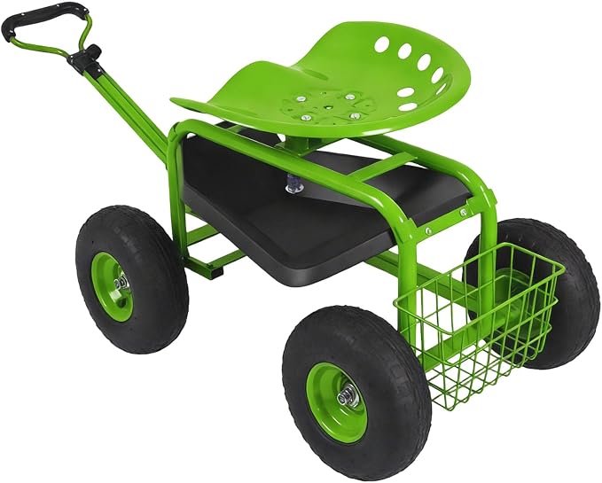 Rolling Garden Cart - Outdoor Workseat with Wheels, Heavy Duty Garden Tool Cart with Storage Bracket and Tool Tray for Yard, Planting Gardening Work (Green)