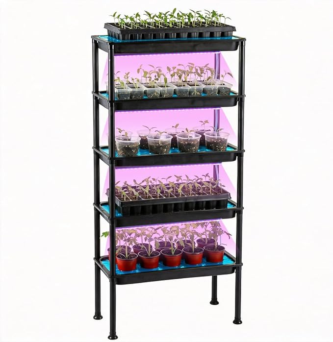 RooTrimmer 5-Tier Hydroponics Growing System, Plant Stand with Grow Lights, Ebb and Flow Seedbeds, Siphoning Watering, Designed for Nursery Cell Trays, Plant Pots