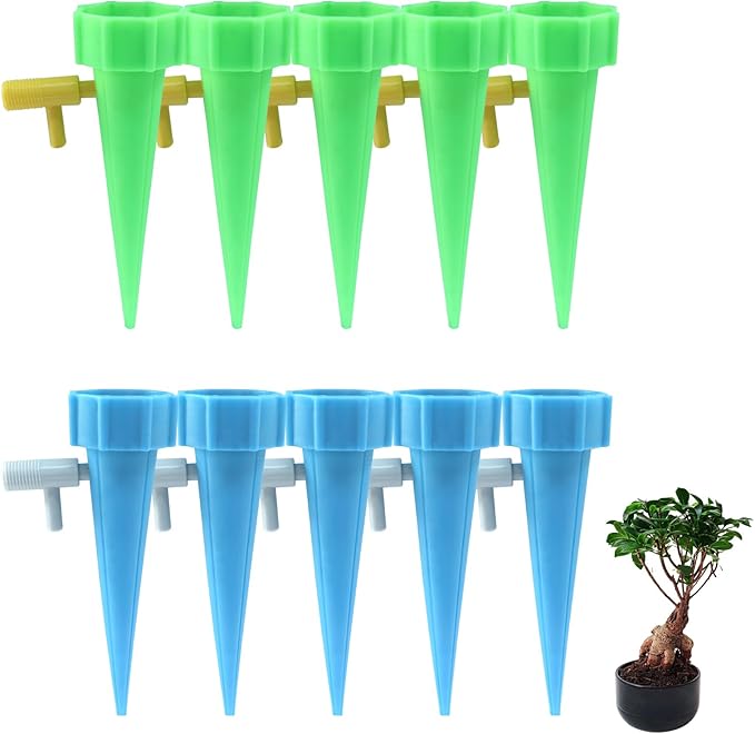 Self Watering Spikes 10pcs–Automatic Plastic Drip Irrigation Devices for Indoor & Outdoor Plants, Adjustable Control Valve for Precise Watering(Blue & Green)