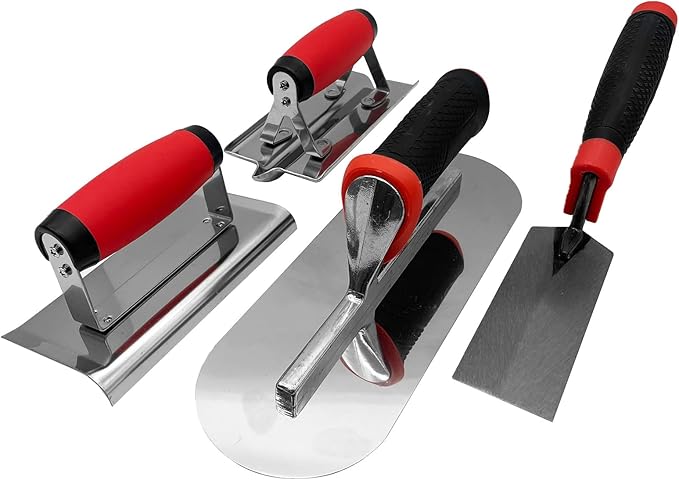 Concrete Tools 4pcs Set, Stainless Steel Pool Trowel and Margin Trowel Plus Concrete Edger and Groover Masonry Hand Tool