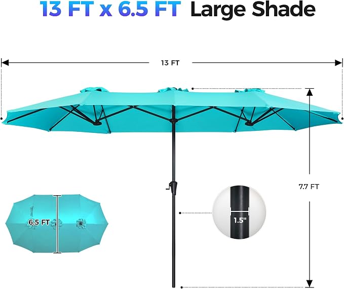 SUPERJARE 13FT Outdoor Umbrella for Patio, Double sided Pool Umbrellas with Fade Resistant Canopy, Large Table Umbrella for Deck, Market, Backyard - Light Blue(No Base)