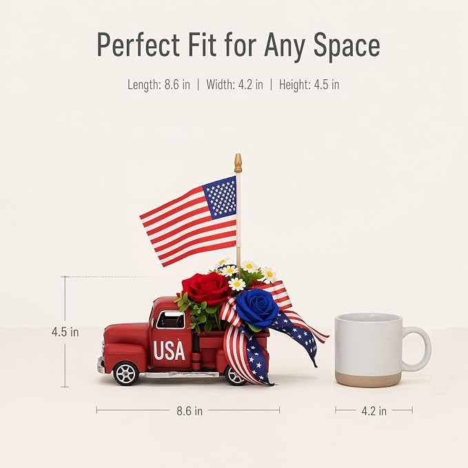 4th of July Patriotic Metal Truck Decor, Vintage Farmhouse Pickup Truck Table Centerpiece, Red White Blue Independence Day Decor for Home Dining Table Mantel Shelf Indoor Party Ornaments