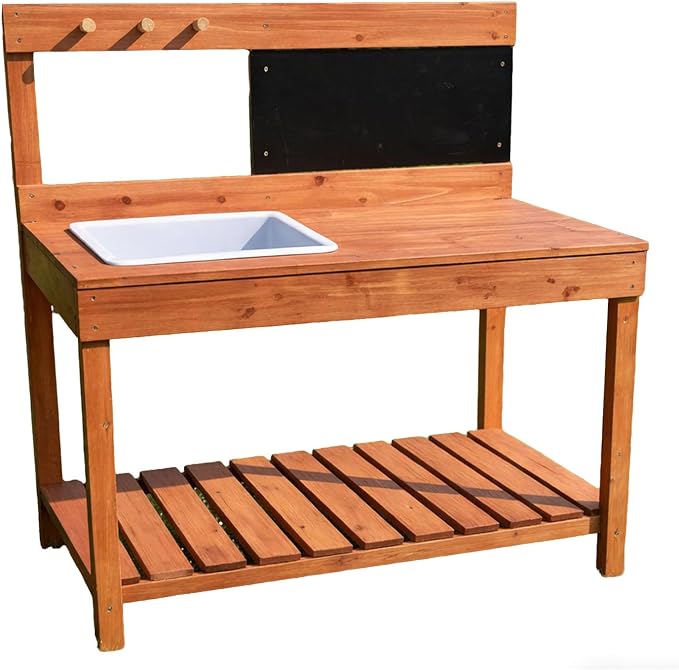 Wooden Potting Bench with Chalkboard, Removable Basin, Storage Shelf and Hooks, Outdoor Garden Work Table,Educational Gardening Tools, Natural Wood Finish (Paint Red)