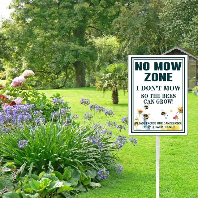 No mow zone bee Yard Sign With Stake Do Not Mow Reflective Aluminum Yard Signs Rust Free Save Bee Pollinator Habitat Garden Signs (8x12 IN)