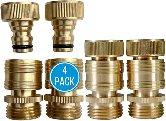 Quick Connector Garden Hose Fittings (4Pack) - Leak Free - 3/4" Snap-On Water Hose Adapter for Quick Release - Solid Brass - Quick Connection Garden Hose Connectors