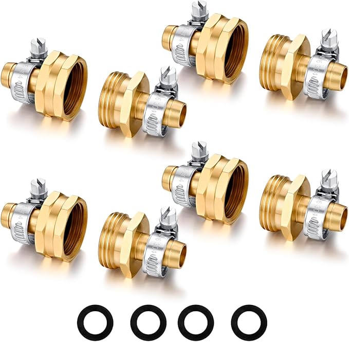SIGURANTA Garden Hose Repair Connector with Clamps Hose End Repair Kit, 1/2"Barb Garden Hose Fittings Male and Female brass garden hose ends (1/2"Barb-4 Set)