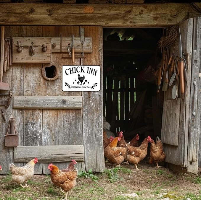 Funnysign Vintage Chicken Sign Chick Inn Happy Hens Roost Here Funny Tin Sign for Chicken Coop Farm Kitchen Garden Yard Decor 8x12 inches(3883)