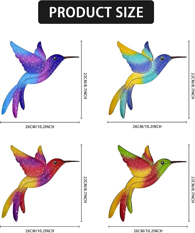 Metal Hummingbird Wall Decor - 4 Pcs Outdoor Fence Birds Art Decoration Hanging Decorations for Garden Yard Patio Balcony Exterior