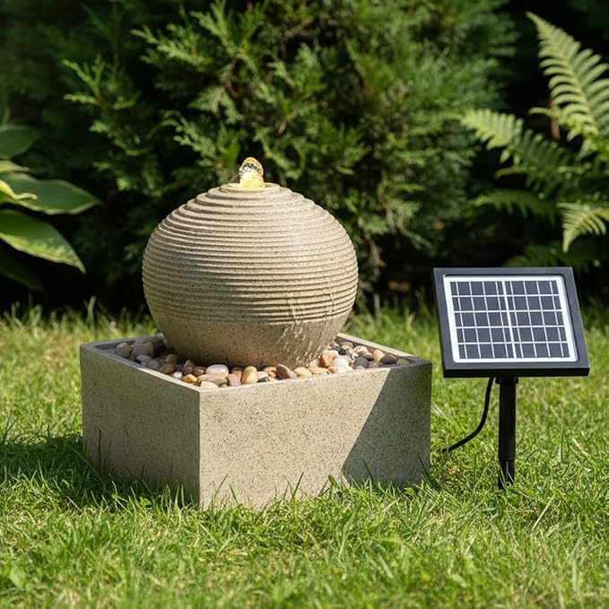 Solar Fountain Outdoor with LED Lights, Zen Sphere Water Fountain, Small Resin Garden Water Feature for Patio, Porch, Deck, Backyard & Indoor Decor, 12 Inch