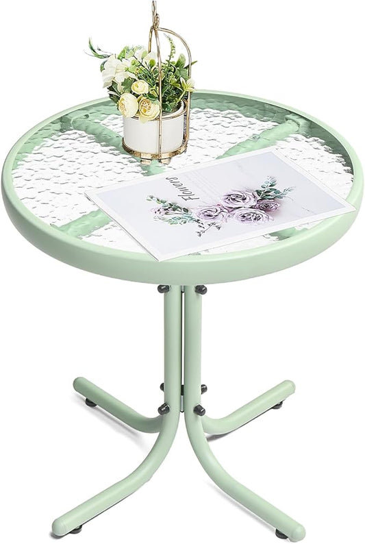 VINGLI Outdoor Side Table, 18" Patio Table Steel Frame Tempered Glass Top, Weatherproof Small Tables for Balcony Garden Poolside (Green, Round)