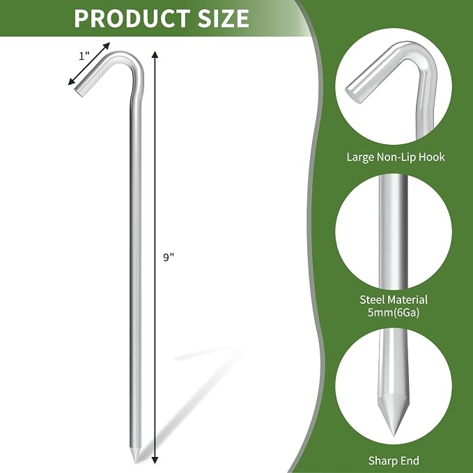 Metal Tent Stakes Heavy Duty 9 Inch, 40 Pack Anti-Rust Galvanized Steel Ground Anchors Camping Tarp Stakes for Inflatables Outdoor Decorations