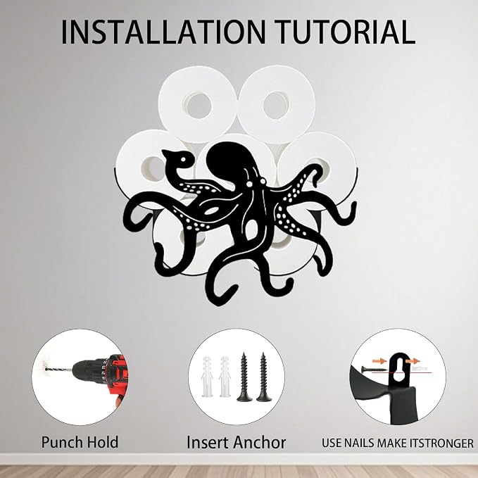Octopus Toilet Tissue Holder,Animal Paper Holders,Decorative Metal Papers Holder,Funny Toilet Animal Storage for Bathrooms,Bathroom Paper Organizer for Extra 8 Rolls Wall Mounted Art Decor