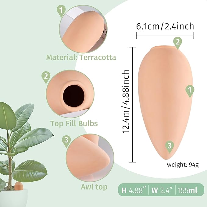 4 Pack Terracotta Watering Spikes, Plant Watering Devices Wine Bottle Automatic Plant Self Watering Spikes for Vacations, Clay Self-Watering Stakes for Indoor Outdoor Plants