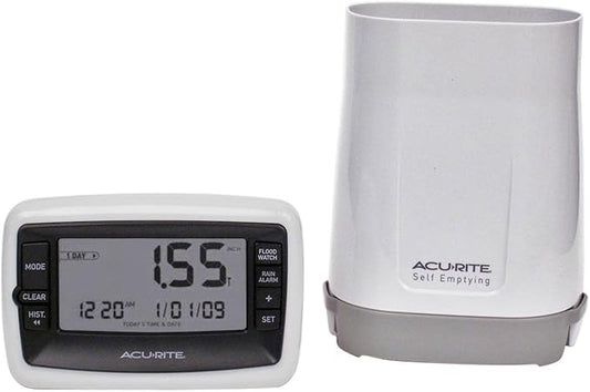 AcuRite Wireless Digital Rain Gauge with Self-Emptying Collector with Rainfall History, Alerts, and Current Date and Time (00899), Multicolor
