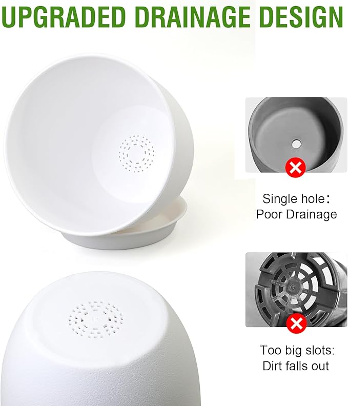 WSMKSZ 12/10/9 inch Large Plant Pots, 3 Pack Modern Decorative Plastic Planters with Drainage Holes and Saucers, Flower Pots for Indoor Outdoor Plants, White