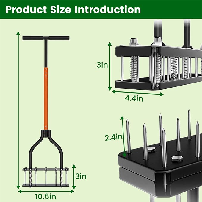 Manual Lawn Aerator Tool, Automatic Dirt and Leaf Clean Design, with 15 Iron Spikes Adjustable Height, Double-Layer Spring, for Loosening Soil Aerating Patio, Yard, Garden, (Black)