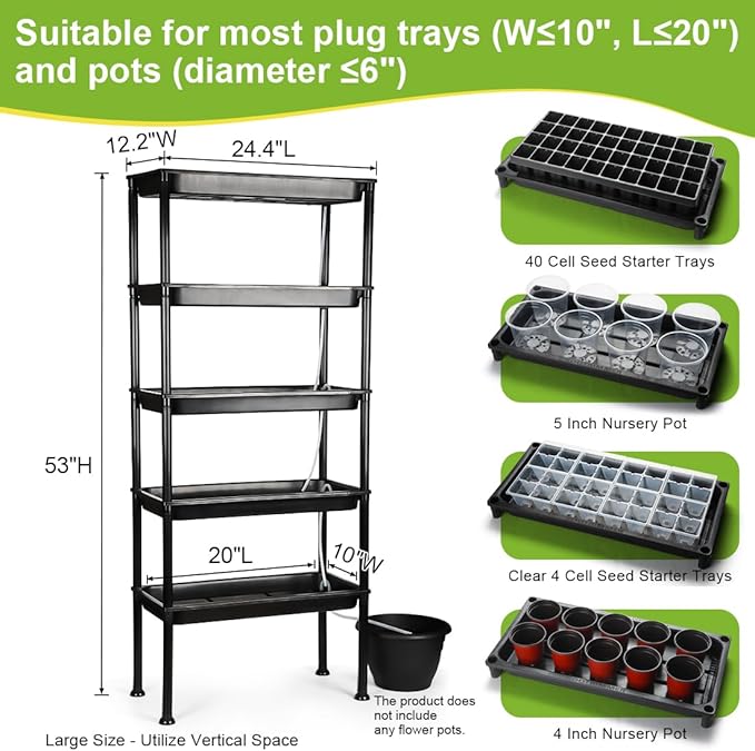 RooTrimmer 5-Tier Hydroponics Growing System, Plant Stand with Grow Lights & Pump - Ebb and Flow Seedbeds, Siphoning Watering, Designed for Nursery Cell Trays, Plant Pots