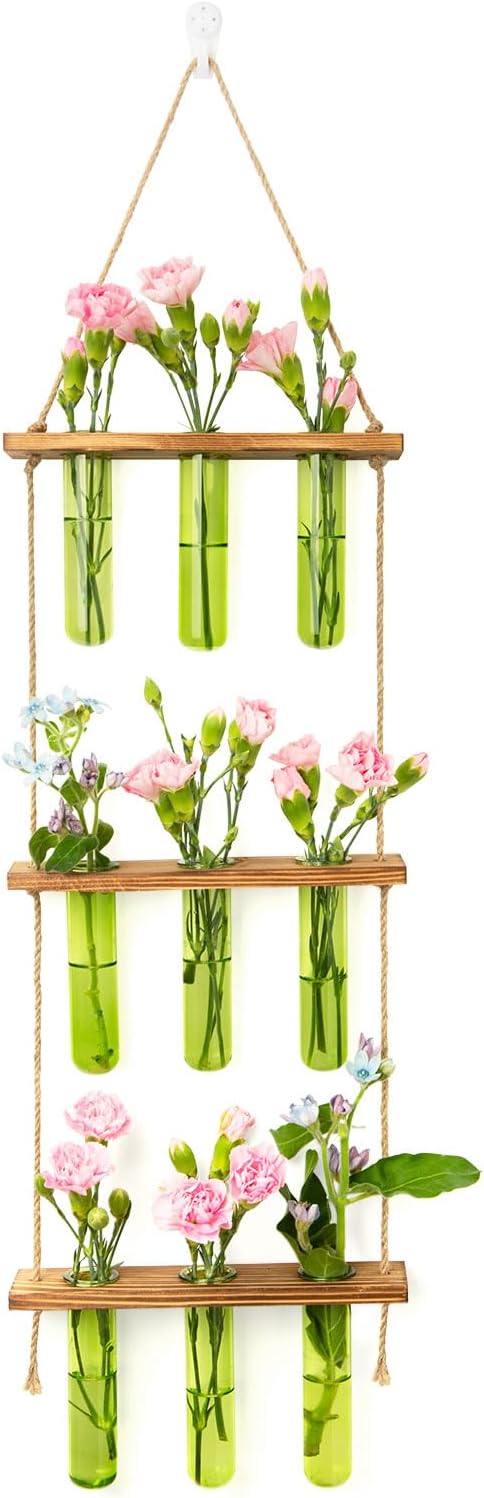 XXXFLOWER Wall Hanging Propagation Station with Wooden Stand 9 Test Tubes Vases Tiers Planters Wall Terrarium for Home Office Plant Hanger Flower Vases Wall Decor Hydroponic Cuttings(Green)