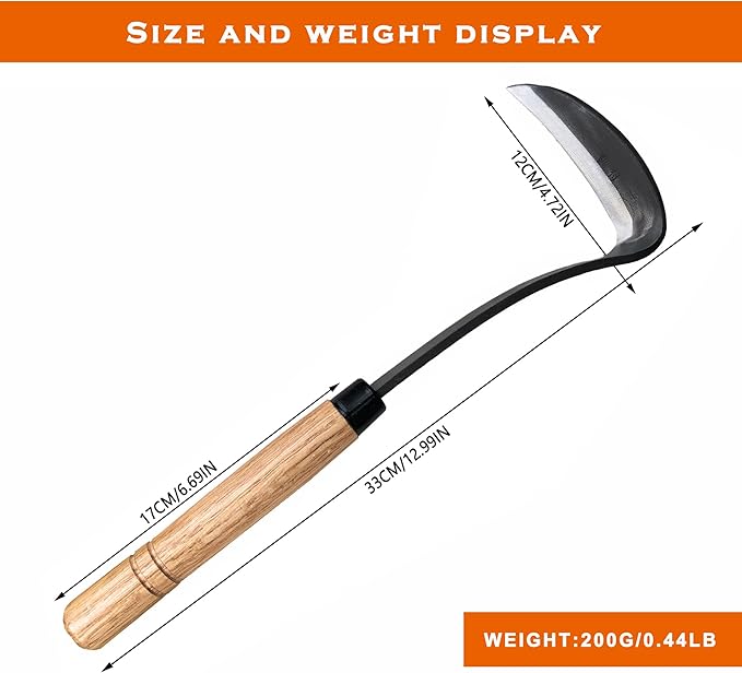 Japanese Weeding Sickle Hoe Gardening Tools 13-Inch Weed Remover Tool High-Carbon Steel One-Piece Molding with Hard Solid Wood Handle(Snake-Necked)