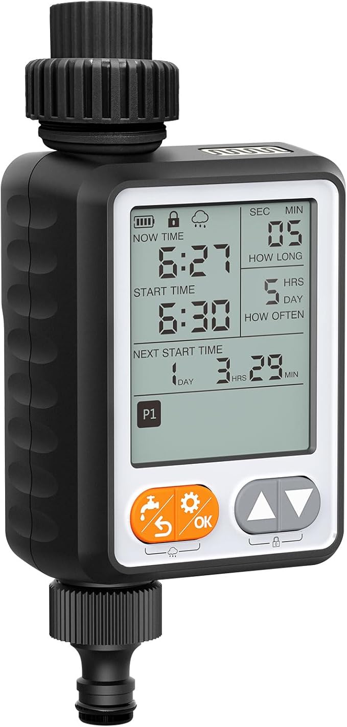 Water Timer for Garden Hose with Auto Rain Delay, 10 Programmable Sprinkler Timer with 3.3“ Large LCD IP54 Waterproof Drip Irrigation Watering Timers for Plant, Yard, Lawns, Outdoor