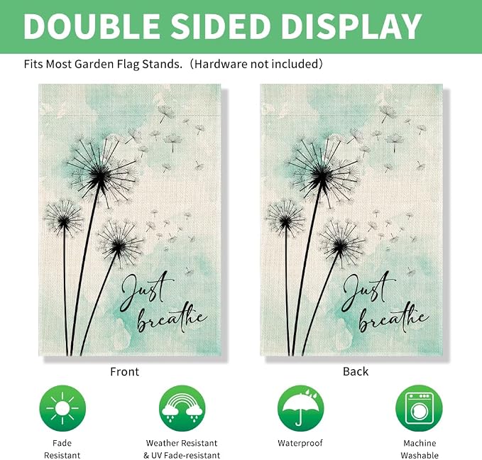 Perfectinsoy Just Breathe Garden Flag, Blue Dandelion Garden Banner, Welcome Yard Home Holiday Farmhouse Porch Patio Lawn Outside Decor, Mental Health Flag Gifts, Positive Home Garden Decor Gifts