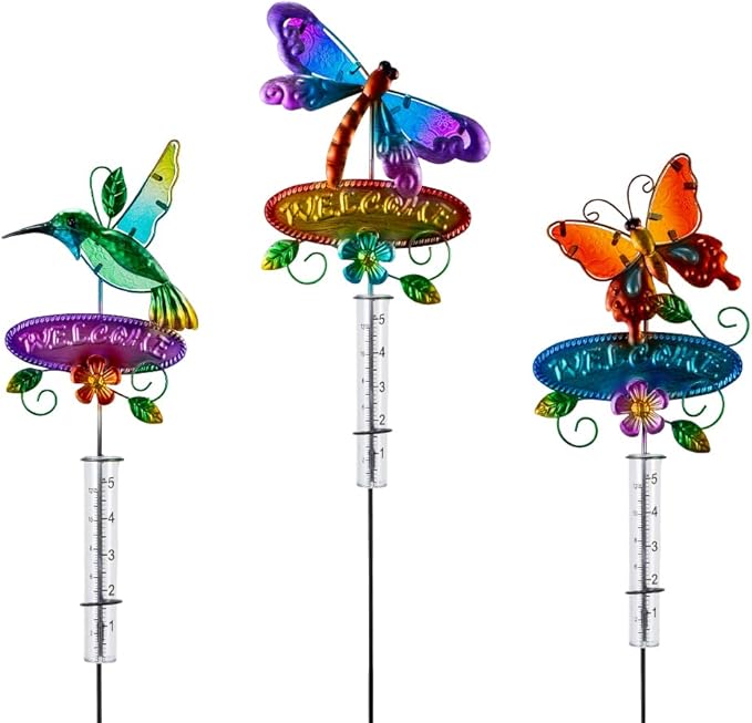 Rain Gauge Outdoor, 3 Pcs Hummingbird & Dragonfly & Butterfly Rain Gauges with 5" Plastic Tube, Decorative Garden Stakes with Welcome Sign for Spring Yard Patio Decor
