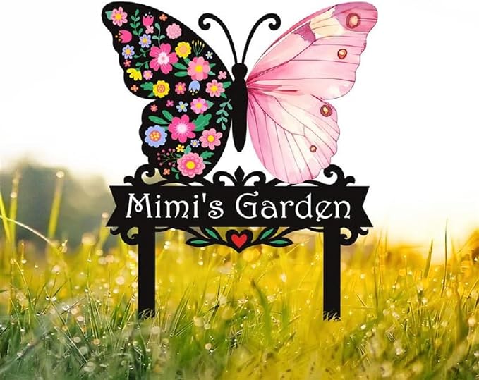 Personalized Metal Yard Sign, Butterfly Metal Stake Decor, Bird & Flower Design, Gift for Garden Lovers, Garden Decor (Pink butterfly)
