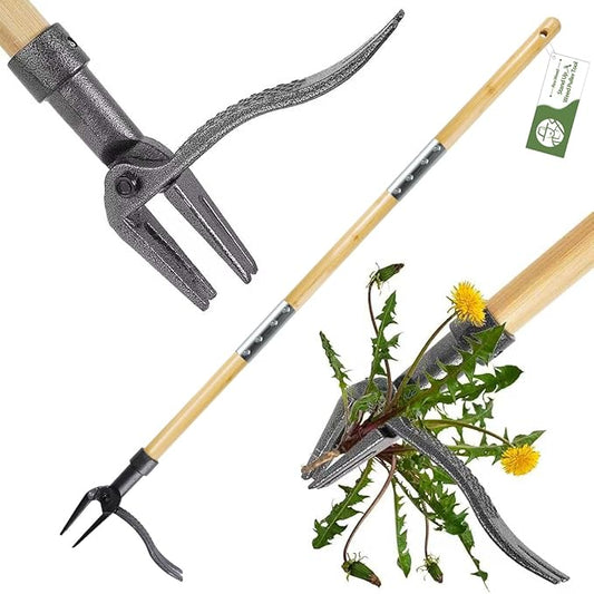 Weed Puller Tool, Stand Up Heavy Duty Weed Remover Tool with Long Handle – 4-Claw Steel Head Weeder for Dandelions, Bamboo Garden Hand Weeding Tool, No Kneeling for Easy Root Removal