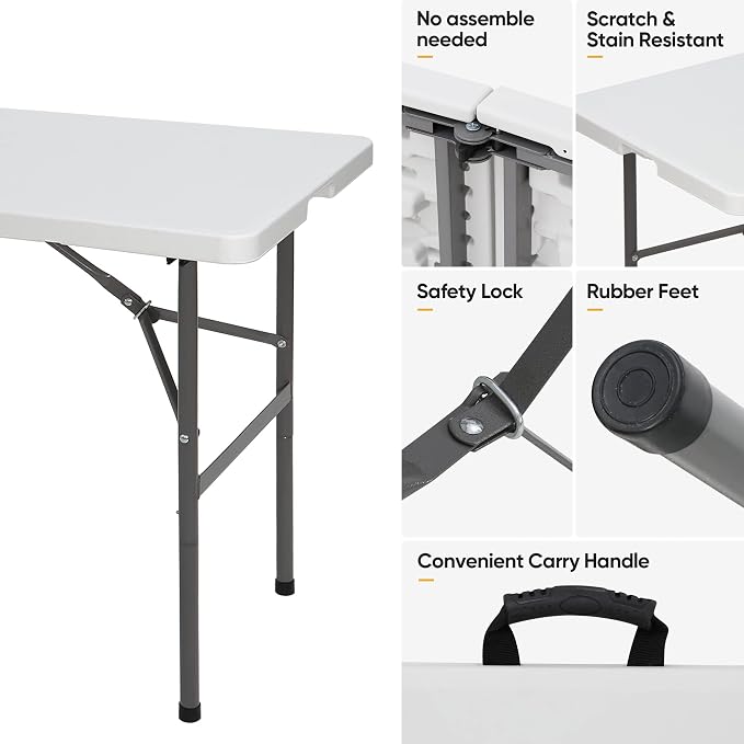 SUPER DEAL Portable 4 Foot Plastic Folding Table, Small Indoor Outdoor Heavy Duty Fold-in-Half Picnic Party Camping Barbecues Table with Carrying Handle, White