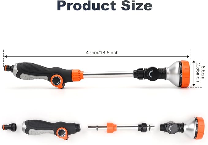 Watering Wand, 18.5 Inches Long Garden Hose Wand with 180° Swivel Head, 8 Spray Patterns, Adjustable Garden Sprayer Wand with Nozzle