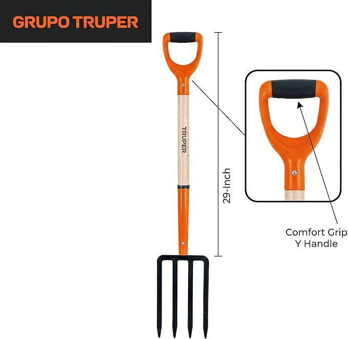 Truper Garden Fork, 4 Tines, 29-Inch Ash Wood Handle with Comfort Grip Y Handle, Forged One-Piece Steel Head (Model BJ-4P / 11018)