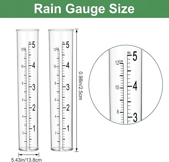 2PCS 5in Rain Gauge Replacement Tube, Dual-Scale Rain Gauge Tubes, Durable Plastic Rains Gauges for Yard Garden Outdoor Home, Flat Bottomed