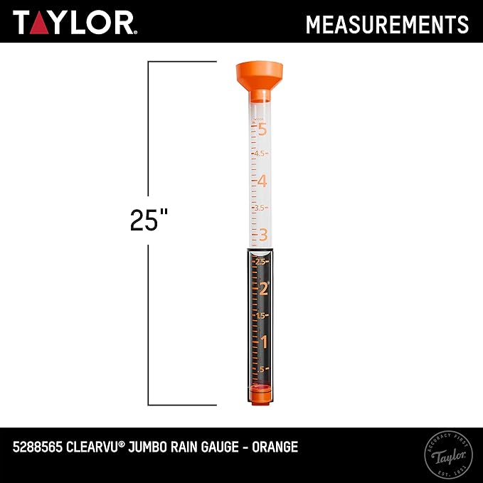 Taylor Jumbo Rain Gauge, Measure and Monitor Precipitation, Easy to Read for Backyard, Patio, Garden, and Lawn, 5-inch, Orange