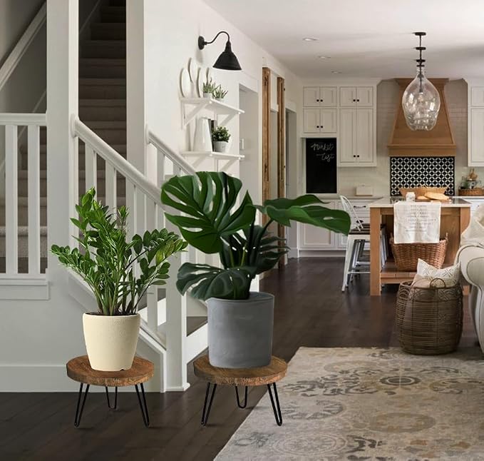 OBTAIN Plant Stand Indoor Outdoor, Wooden plant Stool, Mid Century Plant Stand for Indoor Plants, Wood Modern Plant Holder Rattan Flower, Low Short Boho Rustic Planter Stand Fit 5-15 Inch Pot(M, L)