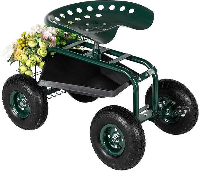 Rolling Garden Work Seat with Wheels, Gardening Stool for Planting, 360 Degree Swivel Seat, Garden Scooter with Steering Handle & Tool Tray, Garden Chair for Outdoor, Patio and Yard,Green