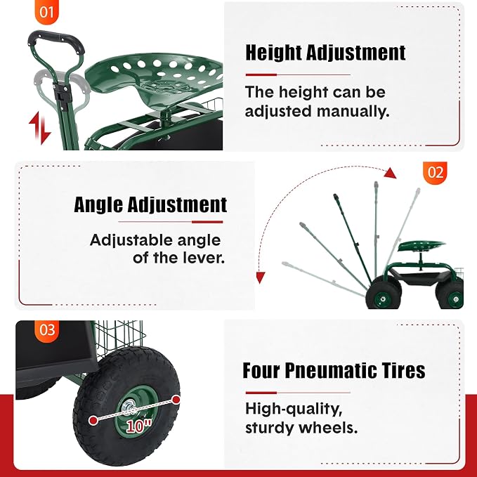 Rolling Garden Cart Workseat with Wheels, 360 Degree Swivel Gardening Stool, Extendable Steering Handle, Tool Tray, 10-Inch Inflatable Tires, Reinforced Steel Frame