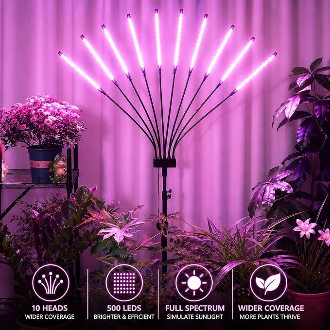 Grow Lights for Indoor Plants [ 10 in1 ] 500 LEDs, Full Spectrum Grow Light for Indoor Growing with Tripod Stand, Auto On/Off Timing 4/8/12H, Plant Grow Lights Indoor.