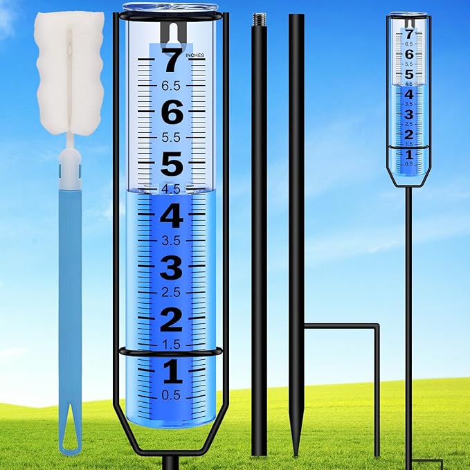 Rain Gauge Upgraded, 7" Freeze Proof Thickened Rain Gauge Outdoor Best Rated, Large Clear Numbers and Adjustable Height Rain Measuring Tool for Garden, Yard, Lawn, Patio, and Farm Use