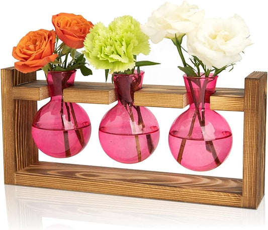 XXXFLOWER Glass Plant Terrarium Propagation Station, Gifts for Mom Plant Lovers Wife Daughter, 3 Bulb Glass Vase Plant Terrarium Tabletop for Hydroponics Home Office Indoor Decor (Pink)