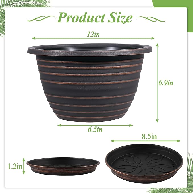 KPUVX 12 Inch Plastic Flower Pot for Indoor and Outdoor Plants, 3 Pack Large Planters with Drainage Holes & Saucers, Retro Antique Imitation Decorative Garden Pots