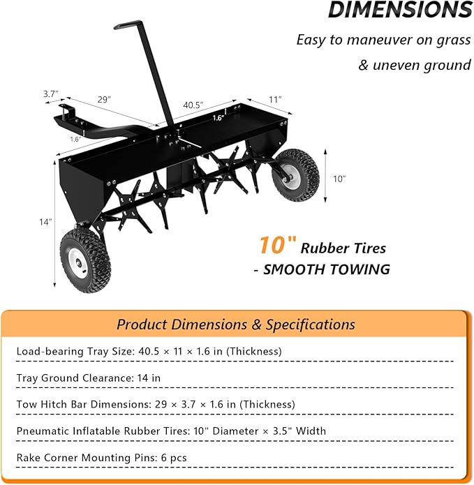 VINGLI 40" Tow Behind Lawn Plug Aerator with Weight Tray, 24 Knives, Adjustable Handle & 10" Inflatable Wheels, Universal Hitch for Lawn Tractor ATV UTV, Garden, Yard, Farm, Black