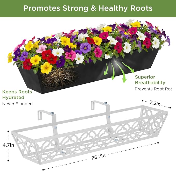 Y&M 4Pack 30'' Metal Railing Planter Box Set with Black Non-Woven Fabric Liner, Large Flower Boxes with Adjustable Brackets, Window Boxes Outdoor Hanging Planter for Fence, Deck, Balcony, and Garden