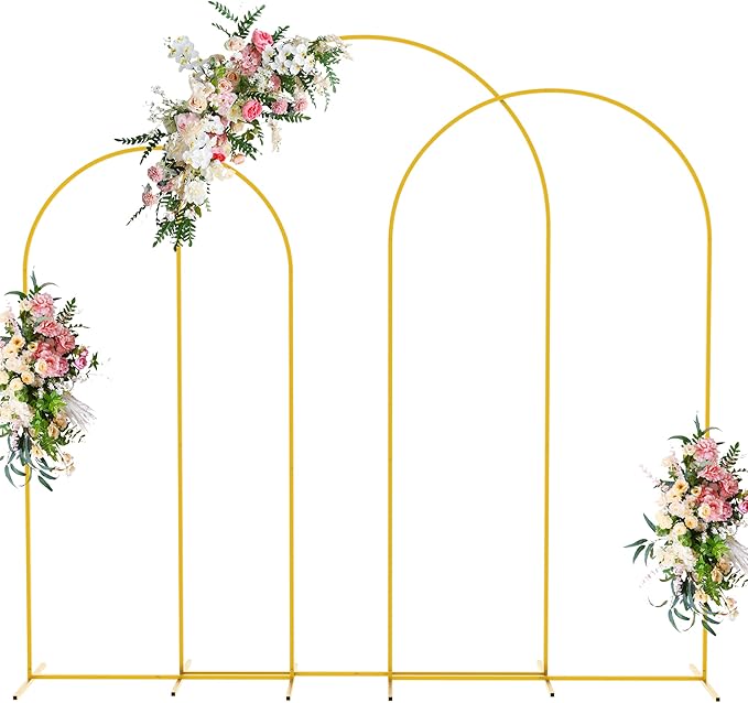 Wokceer Wedding Arch Backdrop Stand 8FT, 7.2FT, 6.6FT Set of 3 Gold Metal Arch Backdrop Stand for Wedding Ceremony Baby Shower Birthday Party Garden Floral Balloon Arch Decoration
