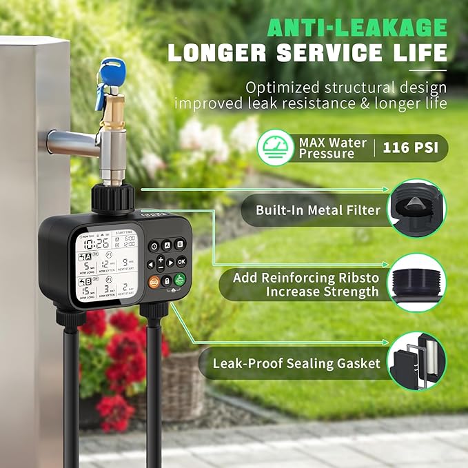 Sprinkler Timer for Garden Hose with Auto Rain Delay, 2 Zone Water Timer with 3.3“ Large LCD, IP54 Waterproof Drip Irrigation System Watering Timers for Plant, Yard, Lawns, Outdoor