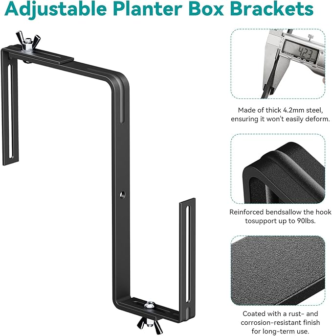 Adjustable Planter Box Brackets,Enhanced Bottom Support,Universal Outdoor Hanging Brackets,Flower Box Brackets for Fence Railings, Windowsill, Patio, Garden,Balcony. (6, Black)