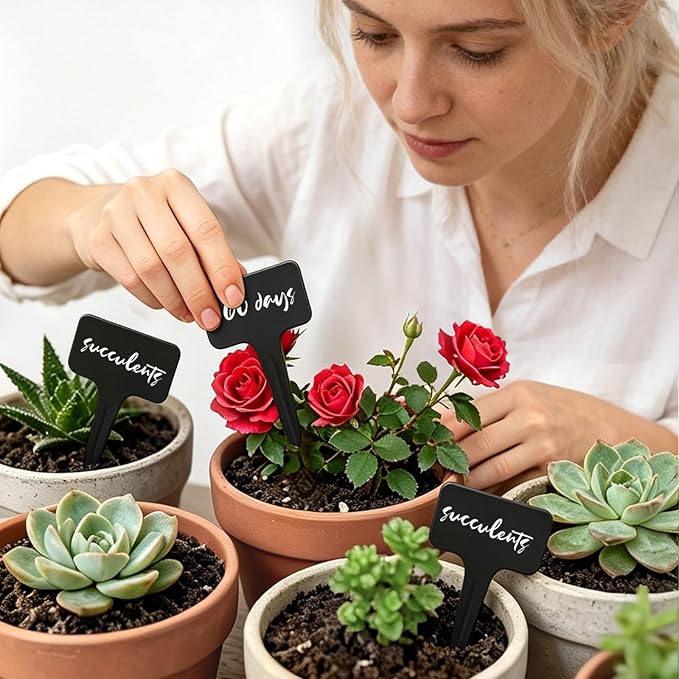 Whaline 100 Pcs Plastic Plant Labels Black T-Type Garden Stake Tags Waterproof Plant Markers Reusable Plants Signs for Outdoor Indoor Nursery Potted Plants Seed with A White Marker Pen (6 x 10 cm)