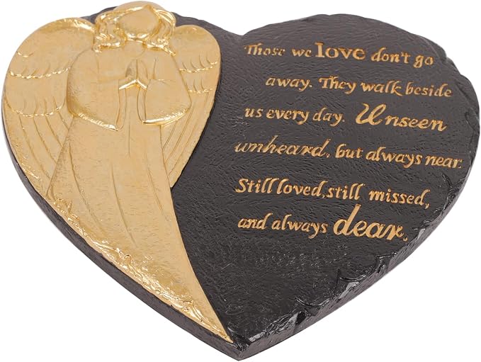 10 Inch Heart Shaped Angel Garden Mmeorial Stones, Memorial plaques for Outdoors, Memorial Garden Angel Decor, in Memory Garden Stones, Memorial Gifts (Black Heart Angel)