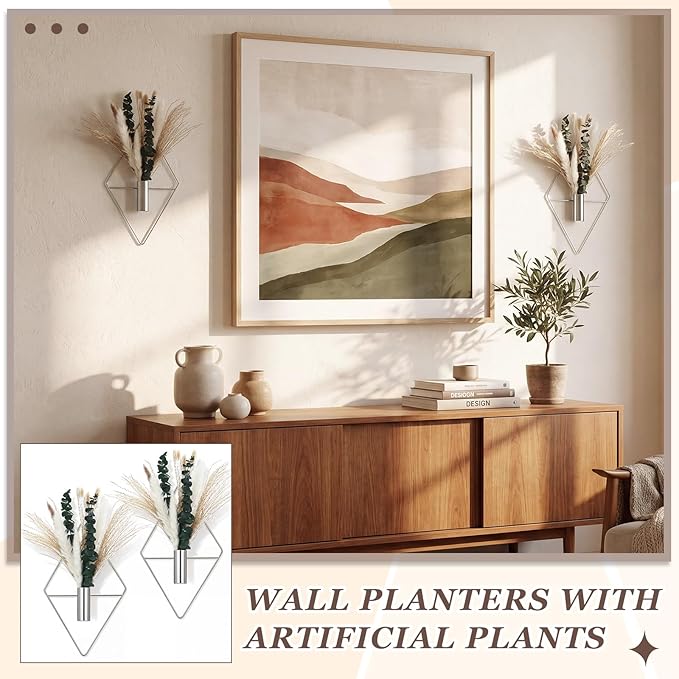 Canlierr 4 Pcs Chrome Silver Wall Decor Hanging Planters with Artificial Plants Eucalyptus Pampas Grass Metal Hanging Vase Indoor Holder Modern Boho Wall Art for Bathroom Bedroom Living Room Decor