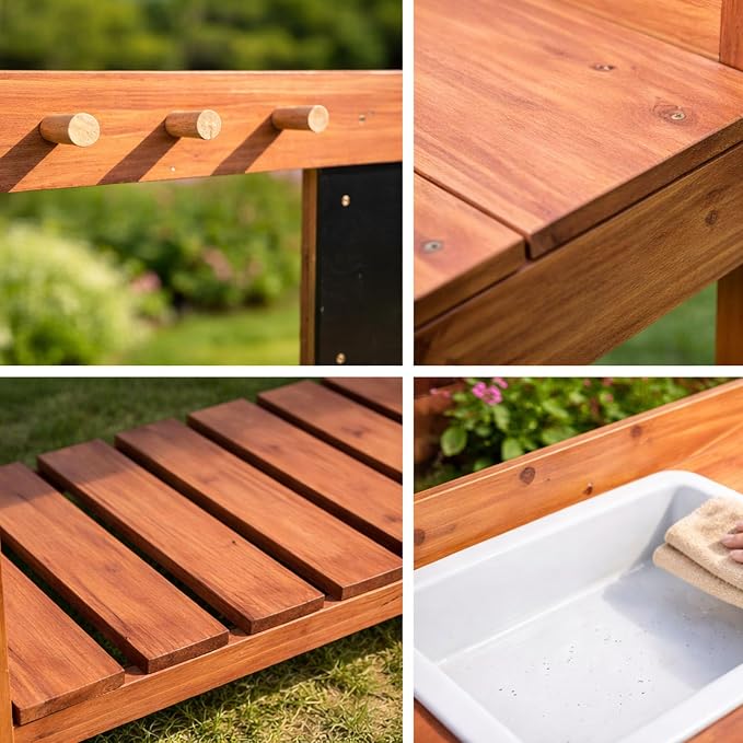 Wooden Potting Bench with Chalkboard, Removable Basin, Storage Shelf and Hooks, Outdoor Garden Work Table,Educational Gardening Tools, Natural Wood Finish (Paint Red)