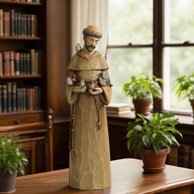 St Francis Statue 12 Inch - Preaching to Birds, Premium Resin with Wood Carving Texture, Patron Saint of Animals & Nature, Garden Outdoor Sculpture, Home Decor, Catholic Gift
